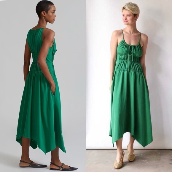 PROENZA SCHOULER Emerald Crepe Ruched Smocked Tie Front Sleeveless Midi Dress 10 - Picture 10 of 16